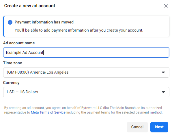 Step 2 in setting up your Facebook ads account