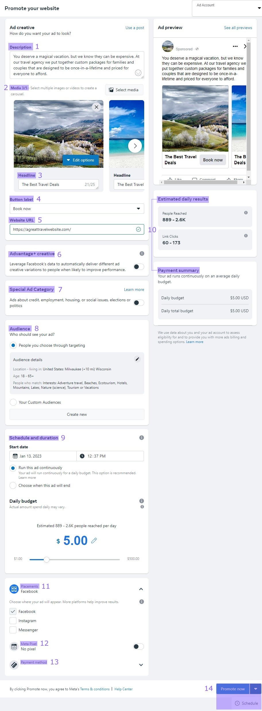 Facebook ad creation options