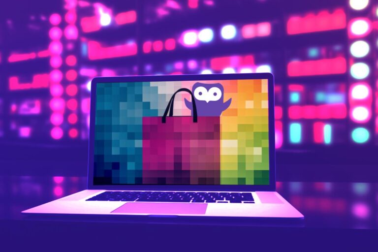 A purple and pink cityscape is in the background. The foreground is a table with a computer monitor. On the monitor there is a multi-colored background and a shopping bag with the PageHoot owl coming out of the bag.