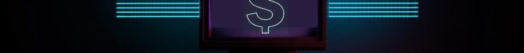 A dollar sign on a cyberpunk style computer screen with some horizontal neon turquoise lines