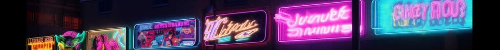 A series of neon signs at night in an indistinguishable language