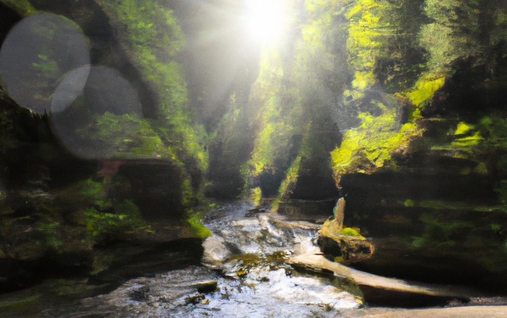 A tranquil stream with light shining down upon it