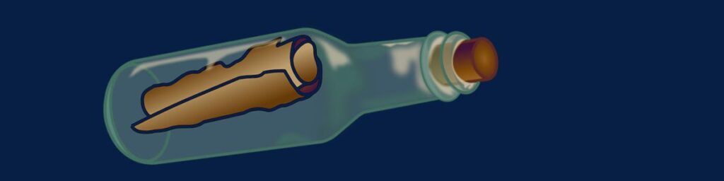 An illustrated picture of a message in a glass bottle with a cork on the top on a dark blue background. 