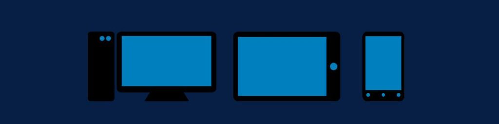 A horizontal display of three images with a desktop computer a tablet and a mobile device all lined up.