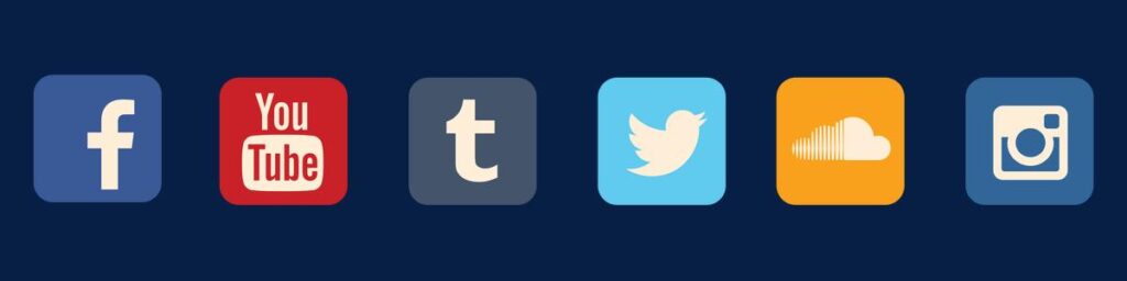 A lineup of social media icons horizontally, left to right its Facebook, YouTube, Tumblr, Twitter, Sound Cloud, and Instagram