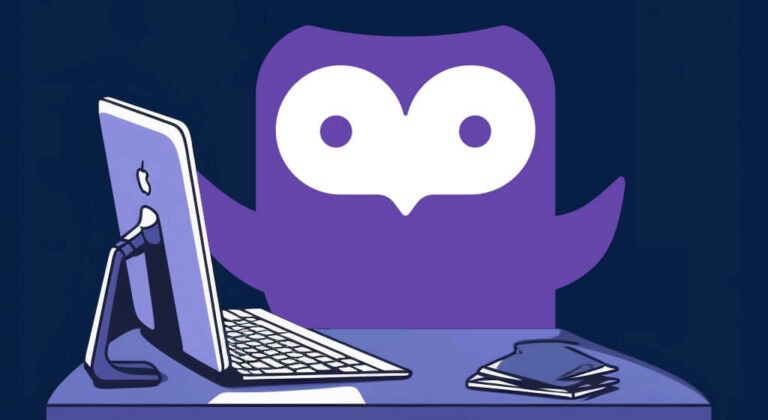 The pagehoot owl sitting at a desk with a computer looking excited