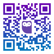 A QR code in purple with the PageHoot owl in the center that links to the pagehoot website