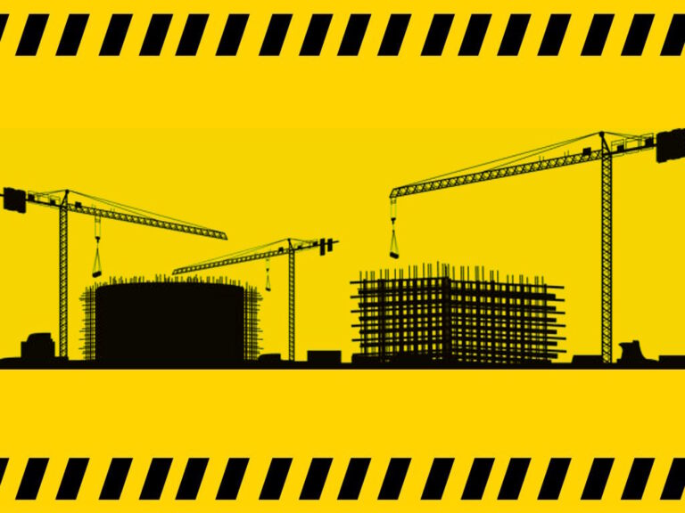 Hazard tape at the top and bottom outlining the silhouette of a cranes building a building on a construction site