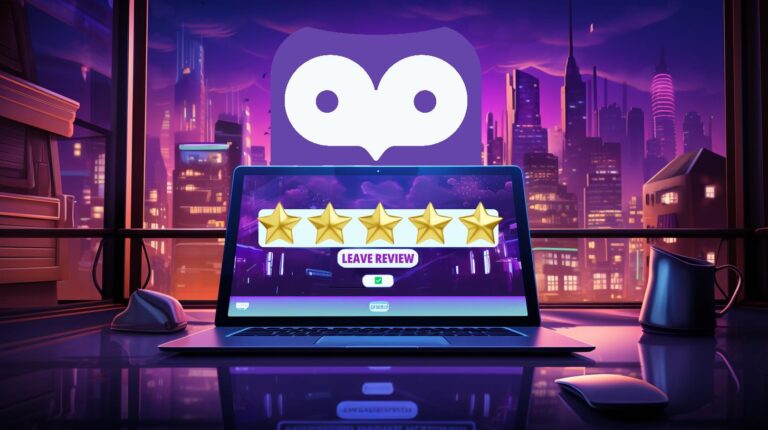 A purple cityscape in the background with a laptop on a desk and the PageHoot owl mascot behind the laptop looking at the camera. On the laptop there are five horizontal stars with the text 'leave a review'